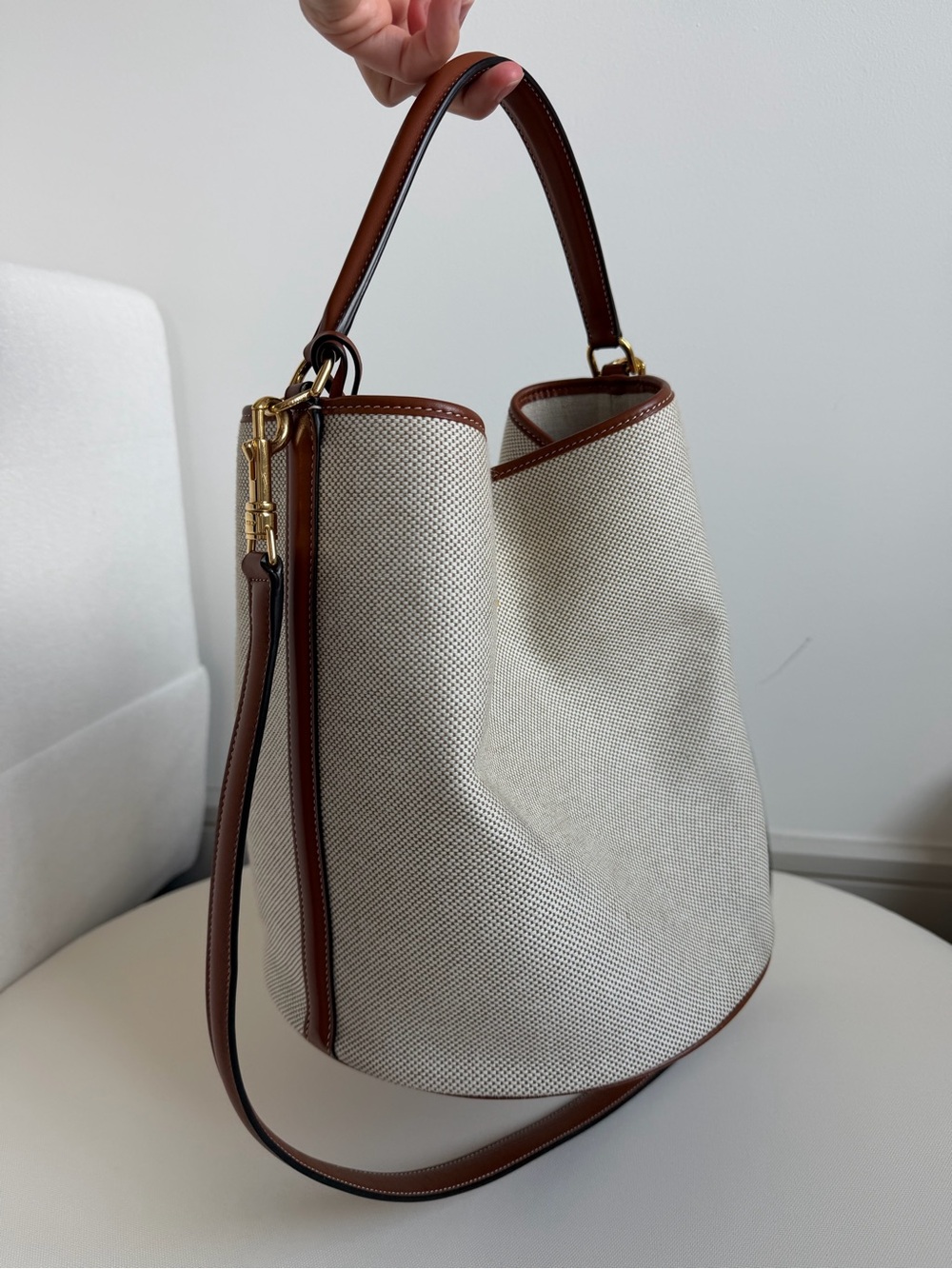 Celine Beige Canvas Bucket Bag with Brown Leather Trim and Gold Hardware - Picture 4 of 14